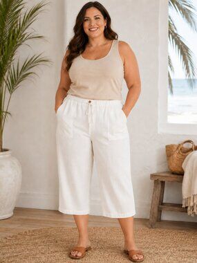 Sunset Cove Woman White Drawstring Wide Leg Pants 2X Rayon Blend Beach Resort